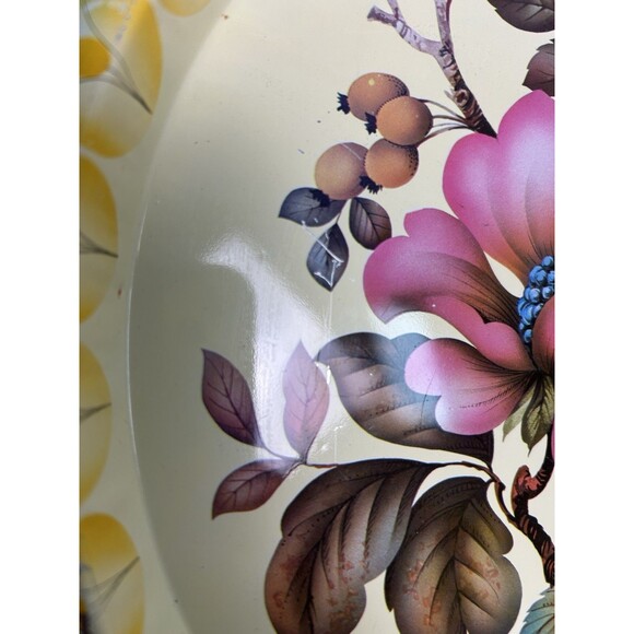 Vintage Jubilee Elite Metal Tray MTM England Flowers 12 1/2" Round Pink Yellow - Picture 4 of 9